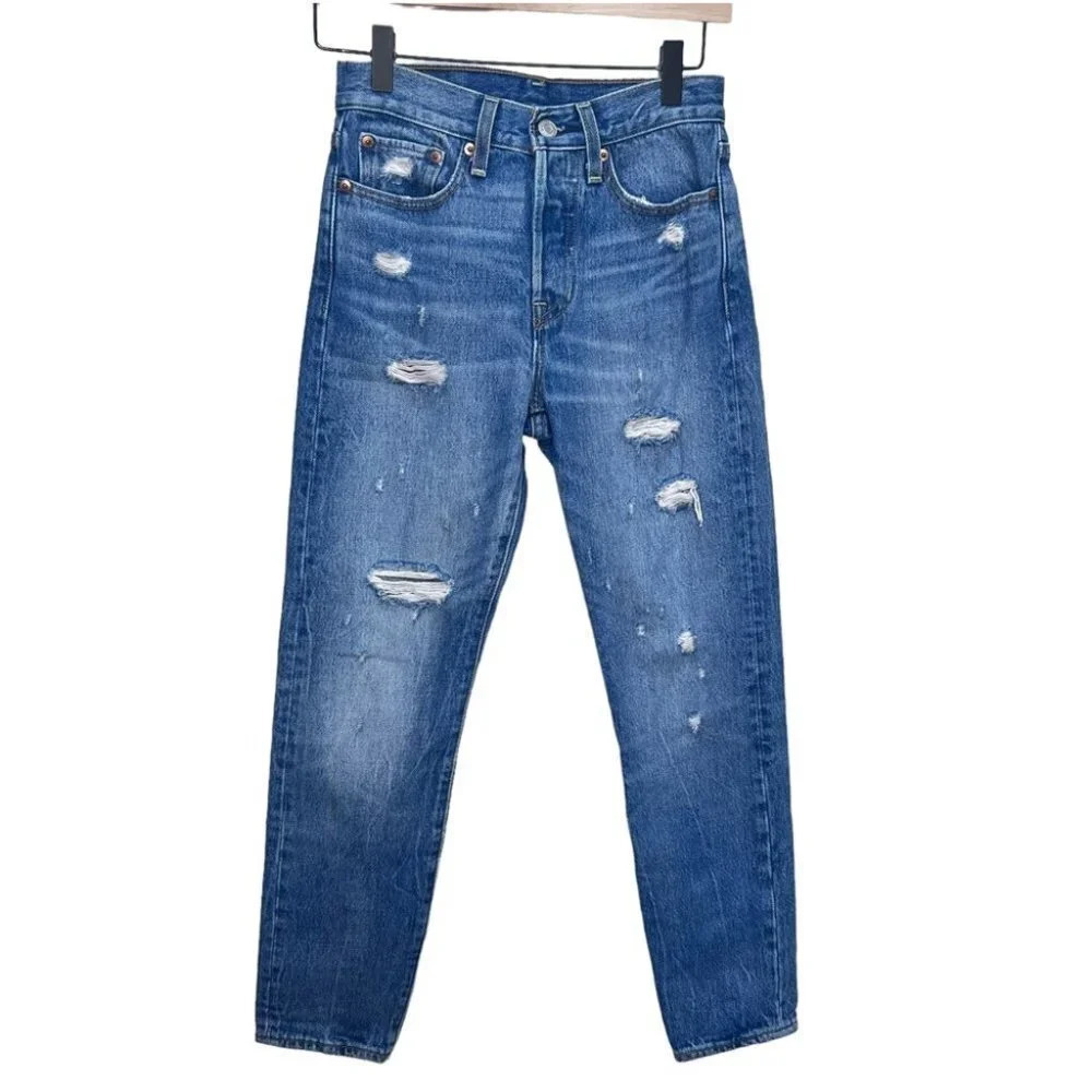 Levi's Distressed Tapered High Rise Button Fly Jeans Size 24